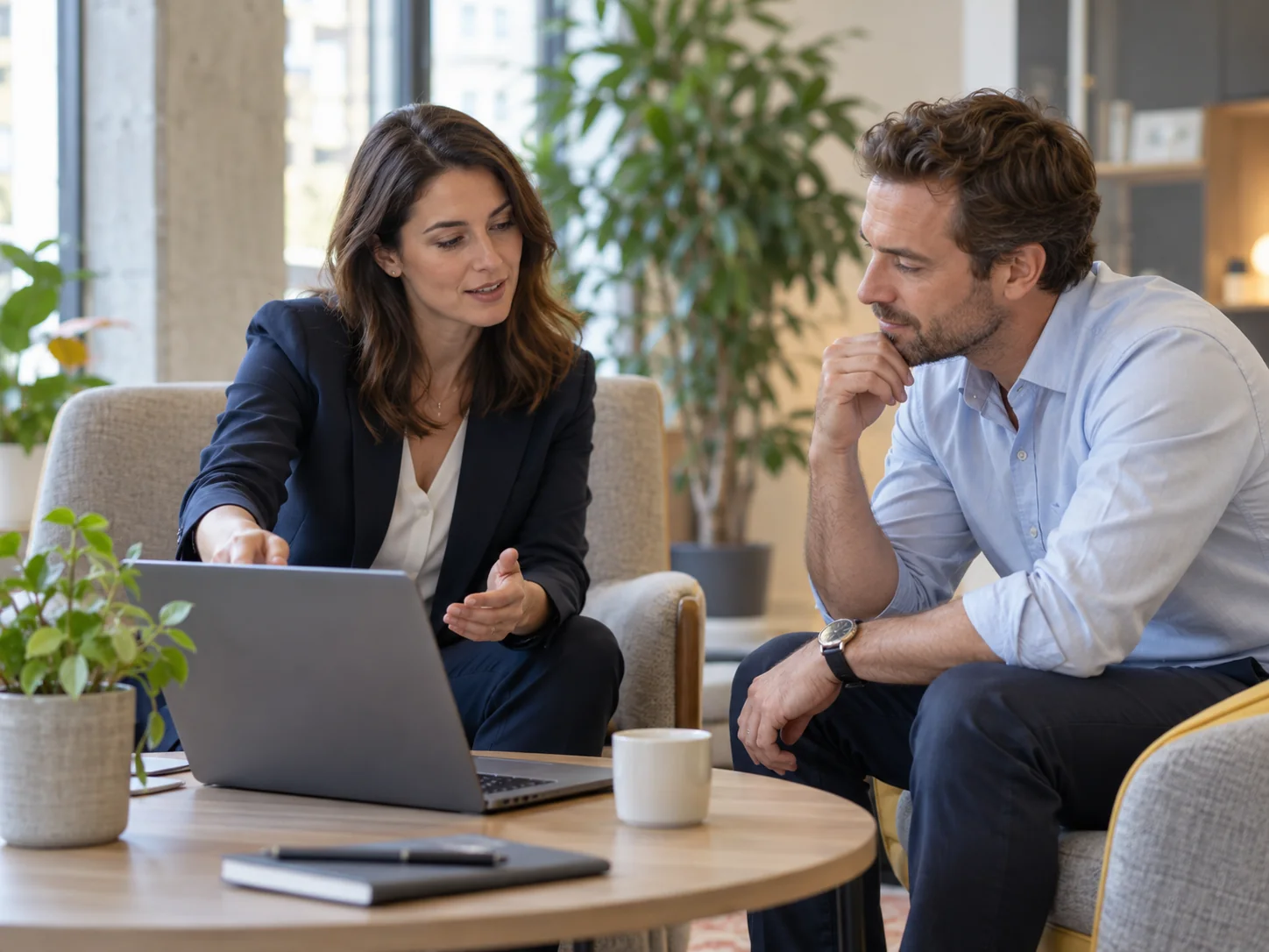 Illustrative professionals collaborating in a modern workplace